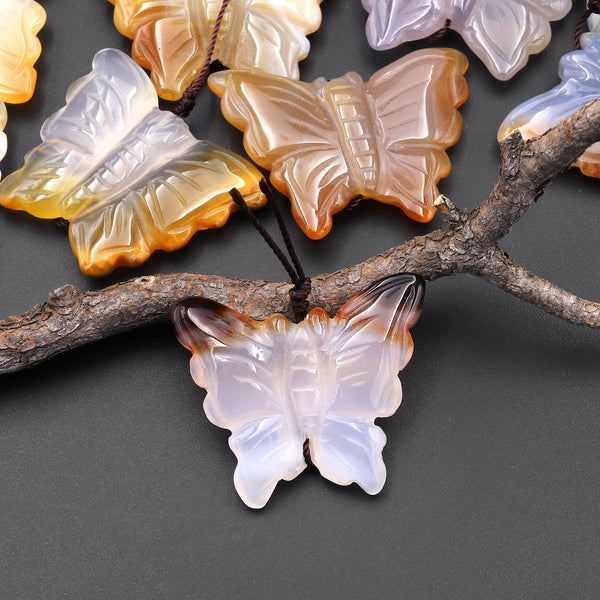 Hand Carved Natural Carnelian Agate Butterfly Pendant Vertically Drilled Gemstone Focal Bead A4