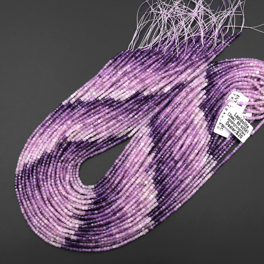 AAA Natural Lilac Purple Lepidolite Faceted 2mm Cube Square Beads 15.5" Strand