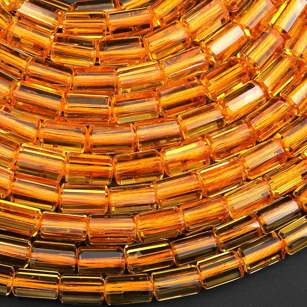 Faceted Golden Citrine Tube Cylinder Beads Gemstone 15.5" Strand