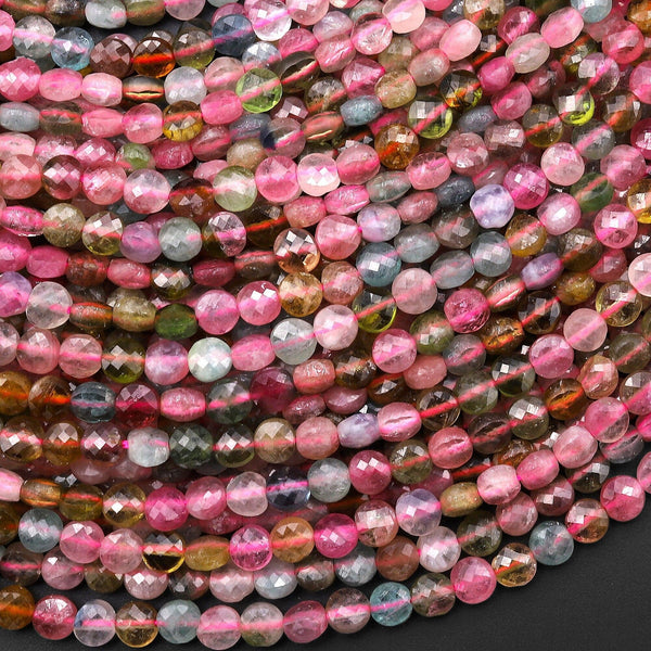 AAA Faceted Natural Tourmaline Coin Beads 4mm Translucent Pink Green Cognac Blue Gemstone 15.5" Strand