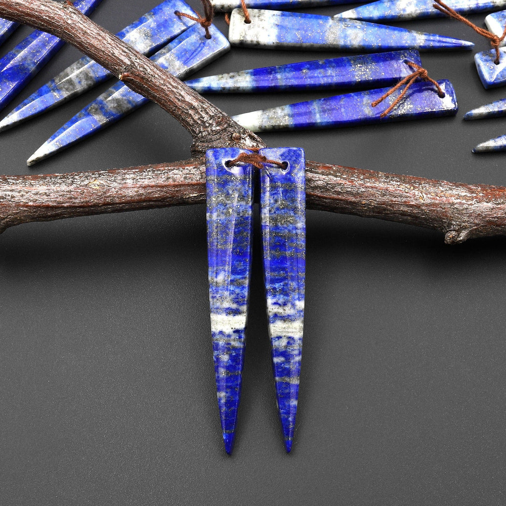 Natural Blue Lapis Earring Pair Modern Long Dagger Triangle Matched Gemstone Beads A1
