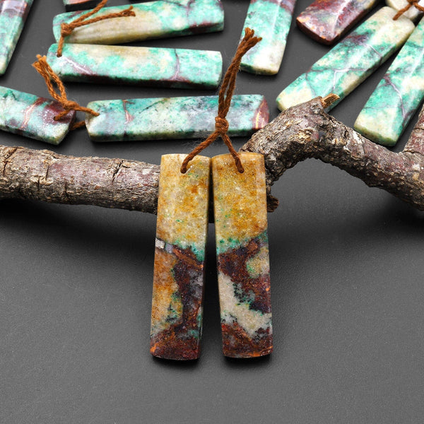 Natural Chrysocolla in Copper Long Rectangle Earring Pair Matched Gemstone Beads From Arizona A8
