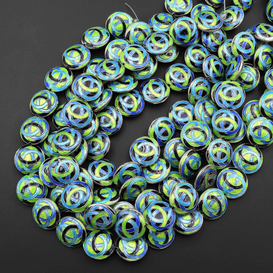 Infinity Knot Hand Made Cloisonné Coin Disc Beads 20mm Decorative Enamel Black Blue Green 15.5" Strand