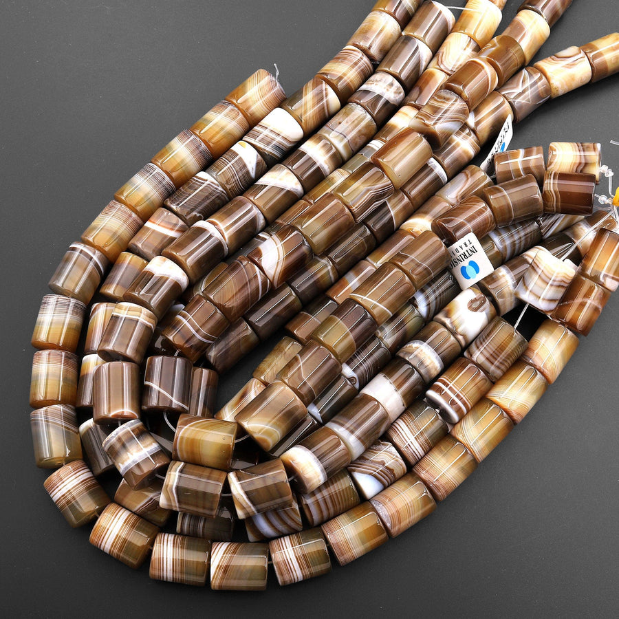 Large Natural Tibetan Agate Beads Smooth Cylinder Tube Amazing Brown Veins Bands Stripes 15.5" Strand