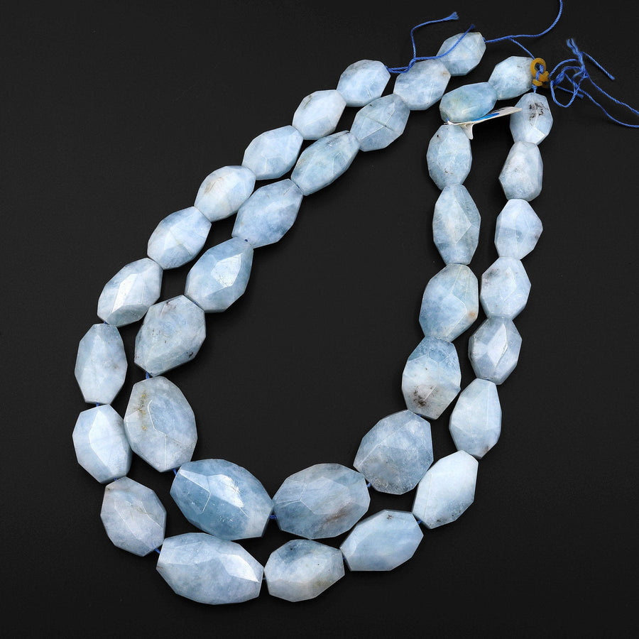 Large Natural Aquamarine Graduated Faceted Octagon Nugget Beads Hand Cut Gemstone 15.5" Strand