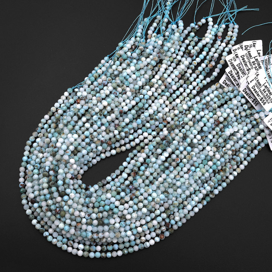 Genuine Natural Blue Larimar Beads Faceted 4mm Round Beads W Red Iron Matrix 15.5" Strand