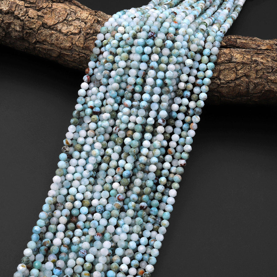 Genuine Natural Blue Larimar Beads Faceted 4mm Round Beads W Red Iron Matrix 15.5" Strand