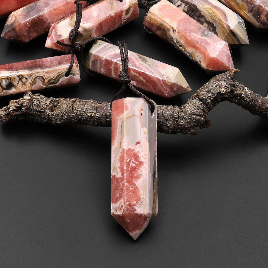 Natural Rhodochrosite Obelisk Point Pendant Side Drilled Tower Pendulum Healing Crystal A5