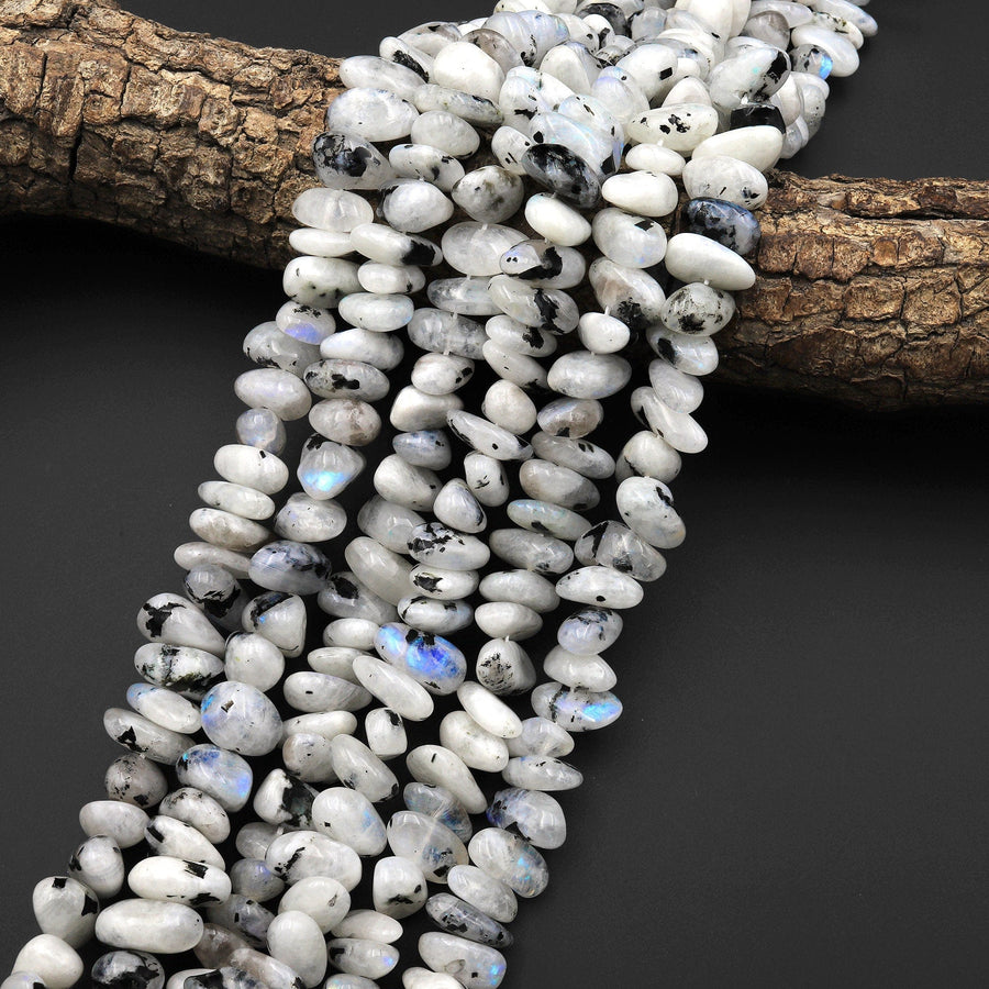 Large Natural Rainbow Moonstone w/ Black Tourmaline Freeform Rondelle Disc Center Dilled Beads 15.5" Strand