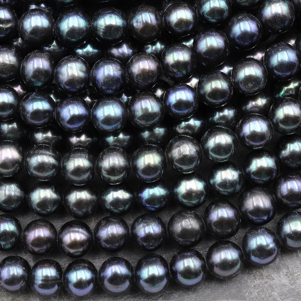 Black Peacock Freshwater Pearl 7mm Round Shimmery Iridescent Real Genuine Pearl 15.5" Strand