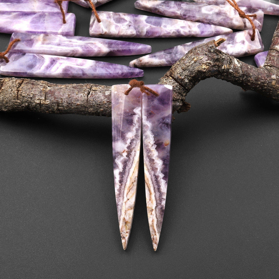 Drilled Natural Chevron Amethyst Earring Pair Dagger Modern Long Point Triangle Matched Gemstone Beads A3