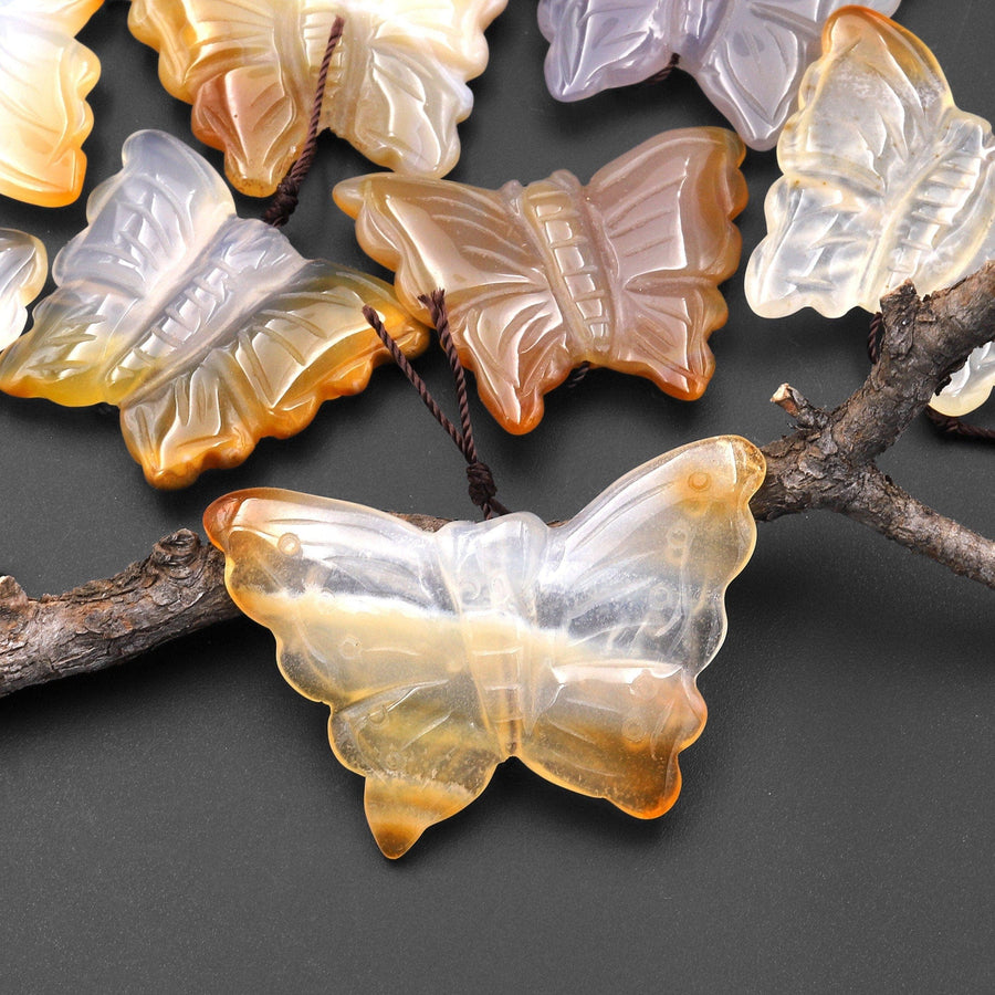 Hand Carved Natural Carnelian Agate Butterfly Pendant Vertically Drilled Gemstone Focal Bead A2