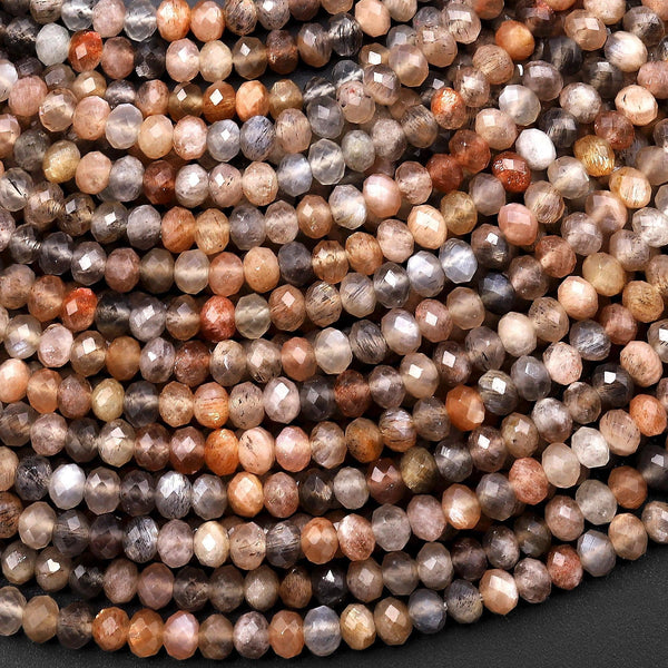 AAA Faceted Natural Sunstone Moonstone Rondelle Beads 4mm 15.5" Strand