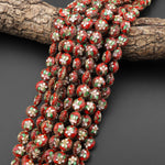 Hand Made Cloisonné Coin Beads Red 12mm Decorative Floral Copper Enamel 15.5" Strand