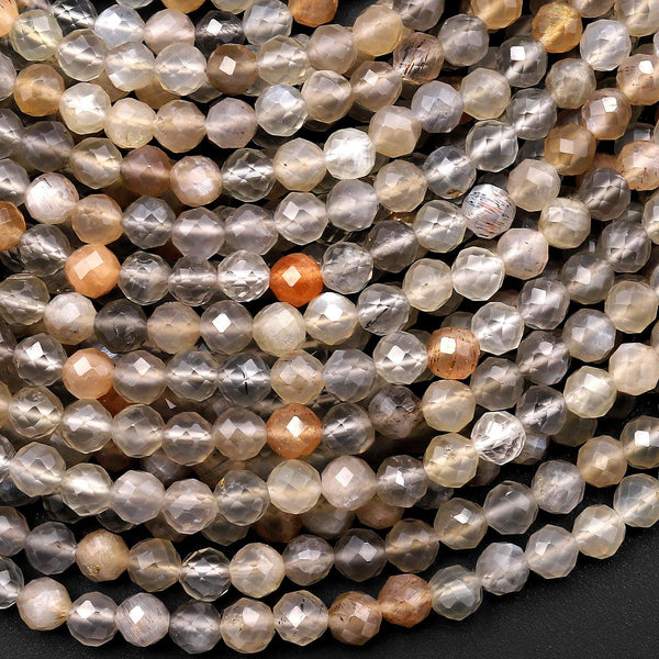 AAA Shimmering Faceted Natural Silvery Peach Gray Moonstone 4mm Round Beads 15.5" Strand