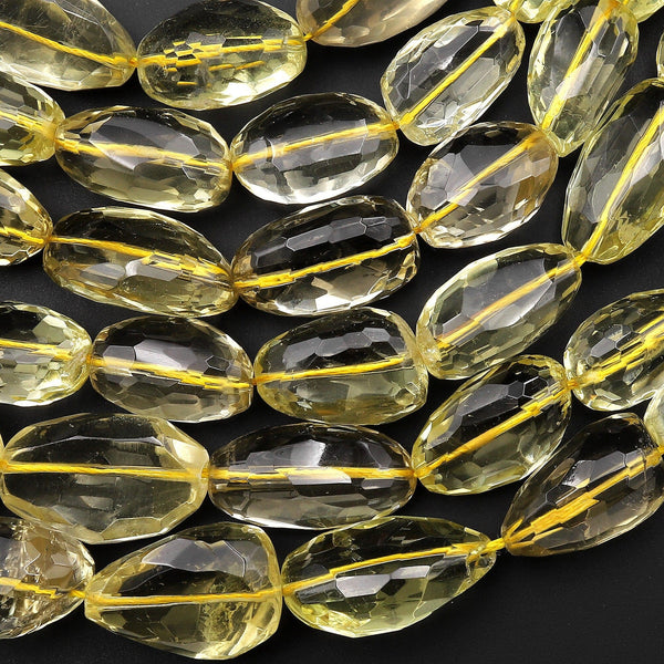 AAA Faceted Real Genuine Natural Lemon Quartz Faceted Freeform Oval Nuuget Beads 15.5" Strand