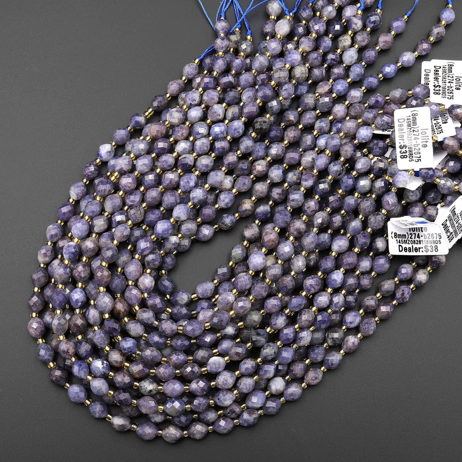 Faceted Natural Iolite Drum Barrel Rice Beads 15.5" Strand