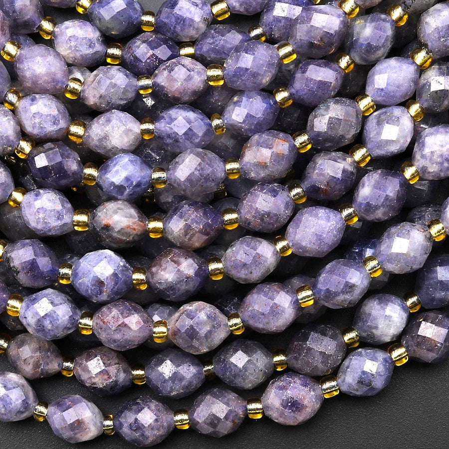 Faceted Natural Iolite Drum Barrel Rice Beads 15.5" Strand