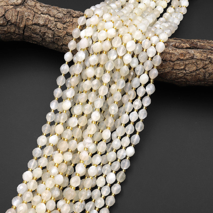 Faceted Natural Moonstone Drum Barrel Rice Beads Shimmering Chatoyance 15.5" Strand