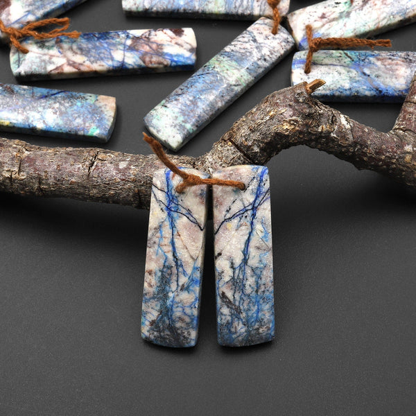 Real Natural Lightening Azurite Rectangle Earrings Matched Gemstone Bead Pair From Arizona A8