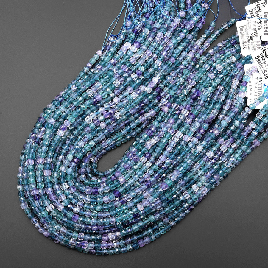 AAA Natural Fluorite Faceted 4mm cube Beads Gemmy Translucent Purple Blue Green Gemstone 15.5" Strand