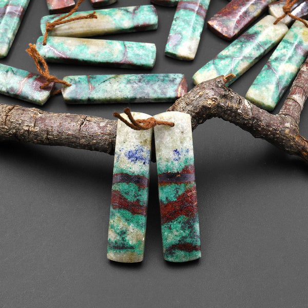 Natural Chrysocolla in Copper Long Rectangle Earring Pair Matched Gemstone Beads From Arizona