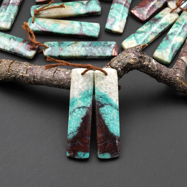 Natural Chrysocolla in Copper Long Rectangle Earring Pair Matched Gemstone Beads From Arizona A1