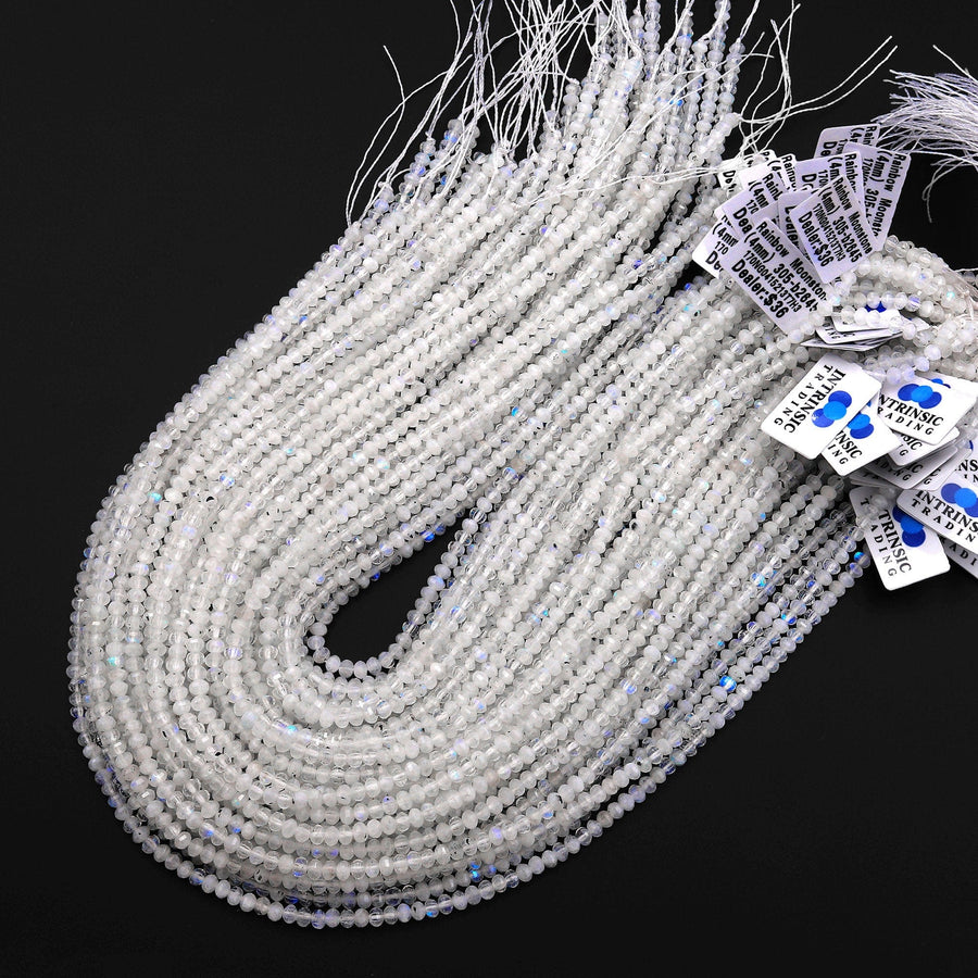 AAA Natural Rainbow Moonstone Faceted Lantern Rondelle Beads 4mm High Quality Blue Flashes 15.5" Strand