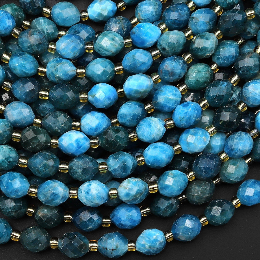 Natural Teal Blue Apatite Faceted Drum Barrel Rice Beads 15.5" Strand