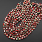 Hand Made Cloisonné Coin Beads Red 12mm Decorative Floral Copper Enamel 15.5" Strand