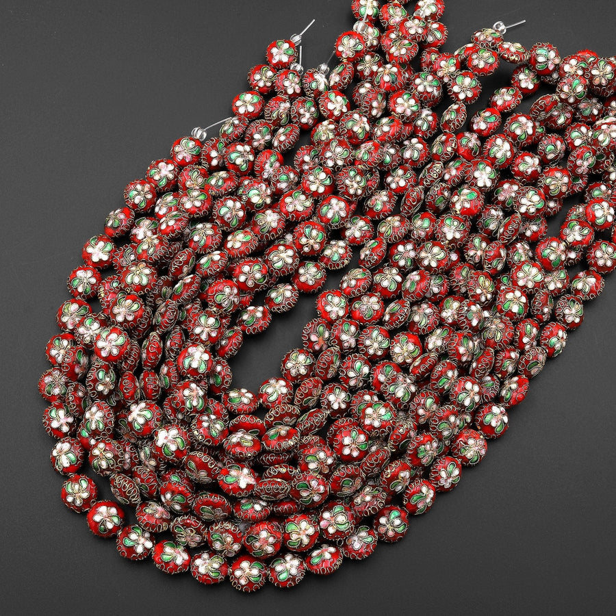Hand Made Cloisonné Coin Beads Red 12mm Decorative Floral Copper Enamel 15.5" Strand