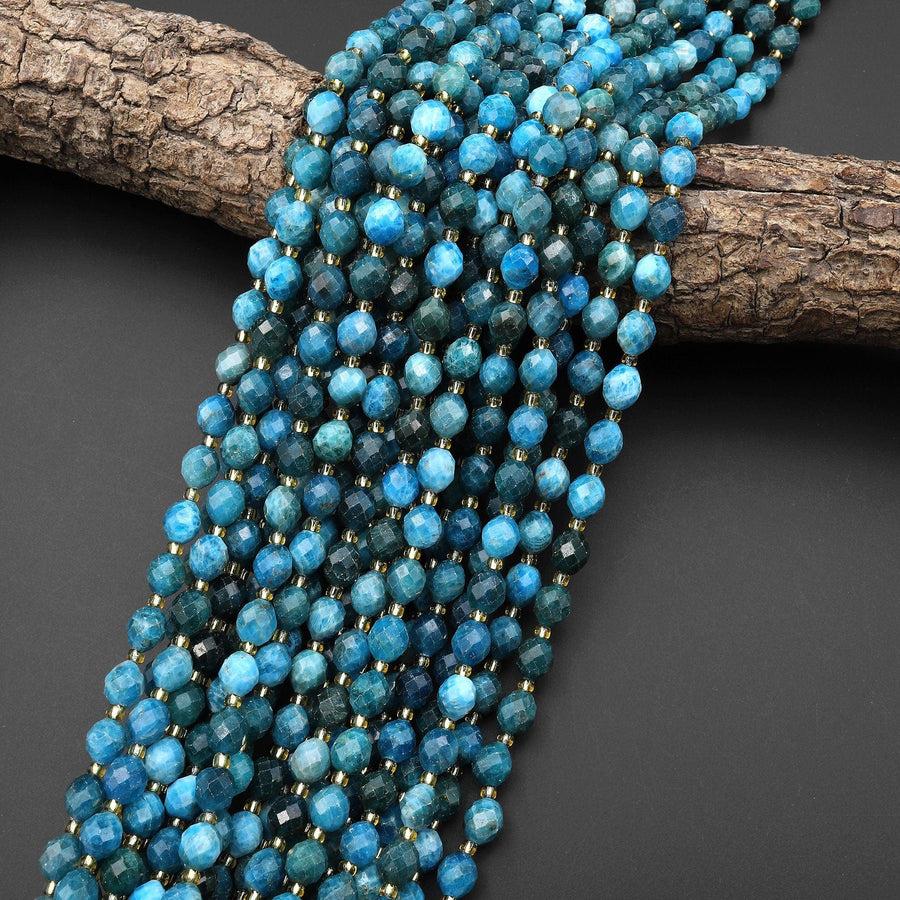 Natural Teal Blue Apatite Faceted Drum Barrel Rice Beads 15.5" Strand
