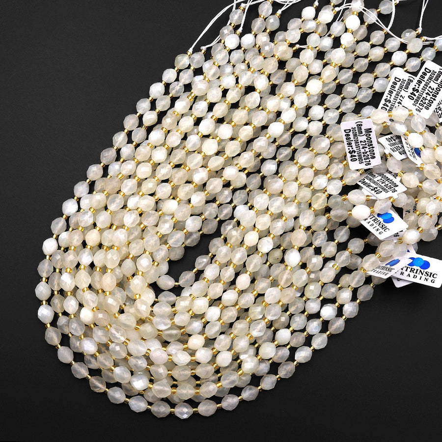 Faceted Natural Moonstone Drum Barrel Rice Beads Shimmering Chatoyance 15.5" Strand