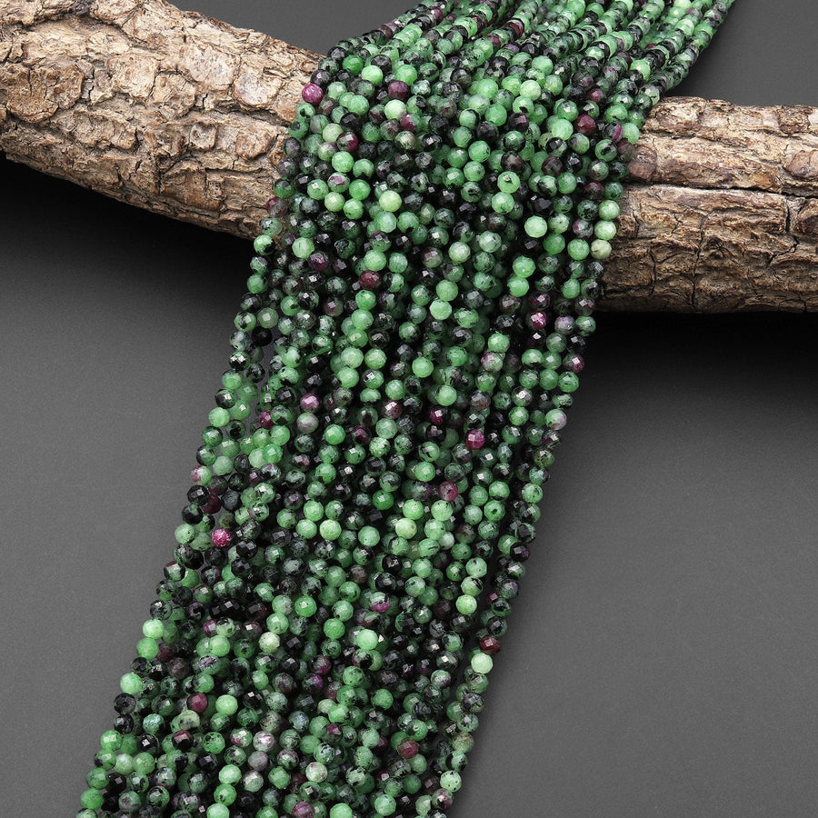 Faceted Natural Red Ruby Green Zoisite 3mm 4mm Round Beads Gemstone 15.5" Strand