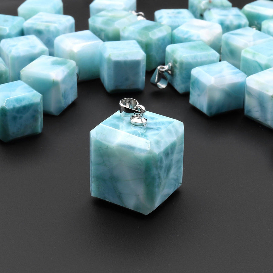 AAA Natural Blue Larimar Faceted Cube Dice Pendant 18mm Gemstone