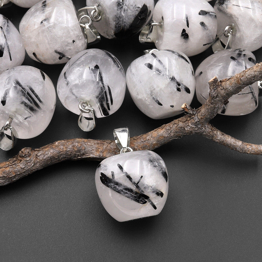 Natural Black Tourmaline Rutilated Quartz Apple Pendant Gemstone Crystal Focal Bead A2