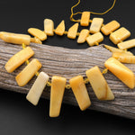 Natural Burma Yellow Jade Freeform Rectangle Beads Spike Stick Slice Focal Pendant Cleopatra Style Fan Shaped 15.5" Strand