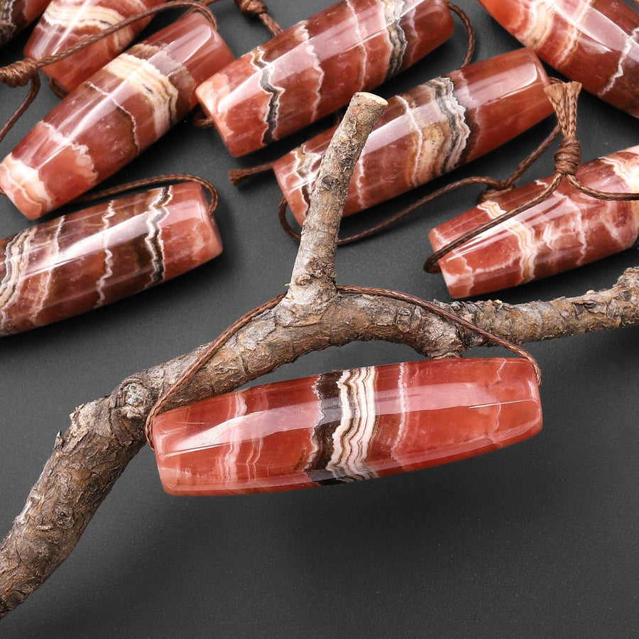 Rare AAA Natural Red Rhodochrosite Black Iron Matrix "Dzi" Focal Bead Pendant A1