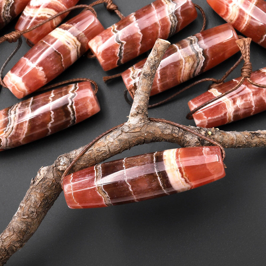 Rare AAA Natural Red Rhodochrosite Black Iron Matrix "Dzi" Focal Bead Pendant A1