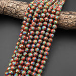 Hand Made Golden Red Blue Green Cloisonné 9mm 10mm Round Beads Decorative Floral Enamel 15.5" Strand
