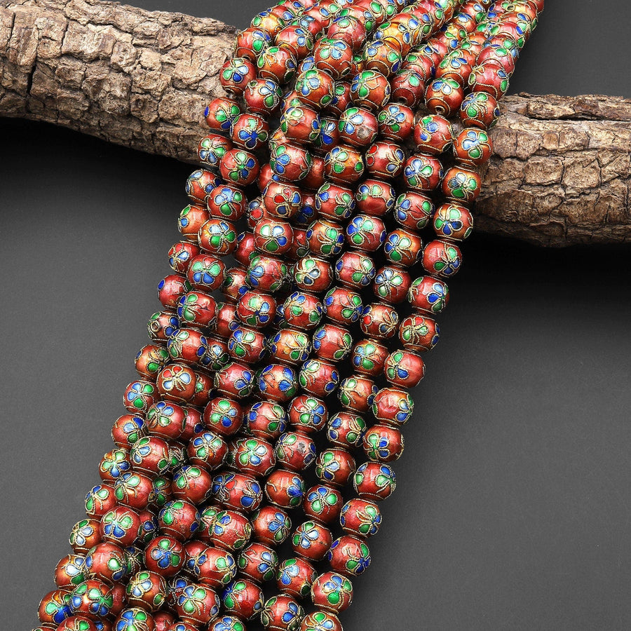 Hand Made Golden Red Blue Green Cloisonné 9mm 10mm Round Beads Decorative Floral Enamel 15.5" Strand