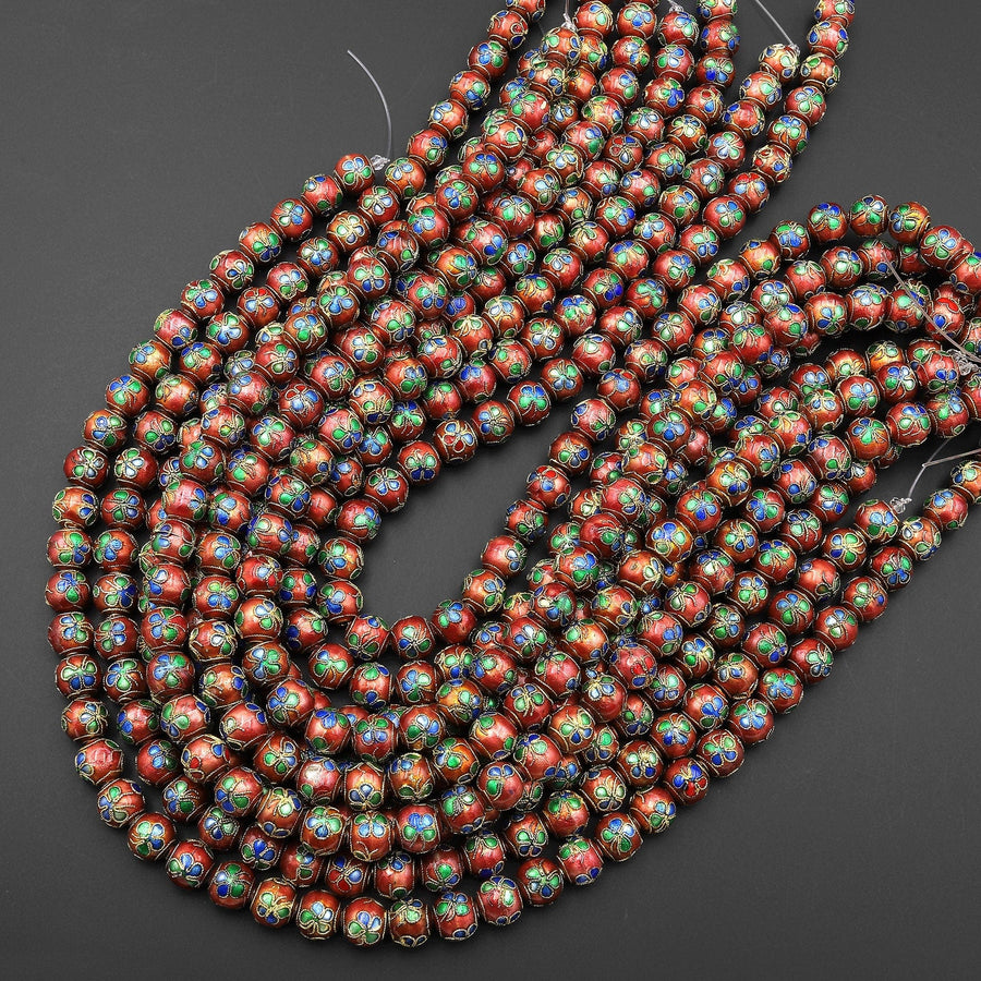 Hand Made Golden Red Blue Green Cloisonné 9mm 10mm Round Beads Decorative Floral Enamel 15.5" Strand