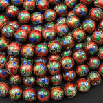 Hand Made Golden Red Blue Green Cloisonné 9mm 10mm Round Beads Decorative Floral Enamel 15.5" Strand