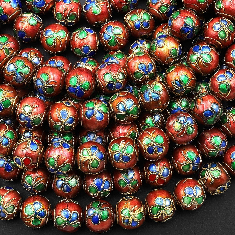 Hand Made Golden Red Blue Green Cloisonné 9mm 10mm Round Beads Decorative Floral Enamel 15.5" Strand