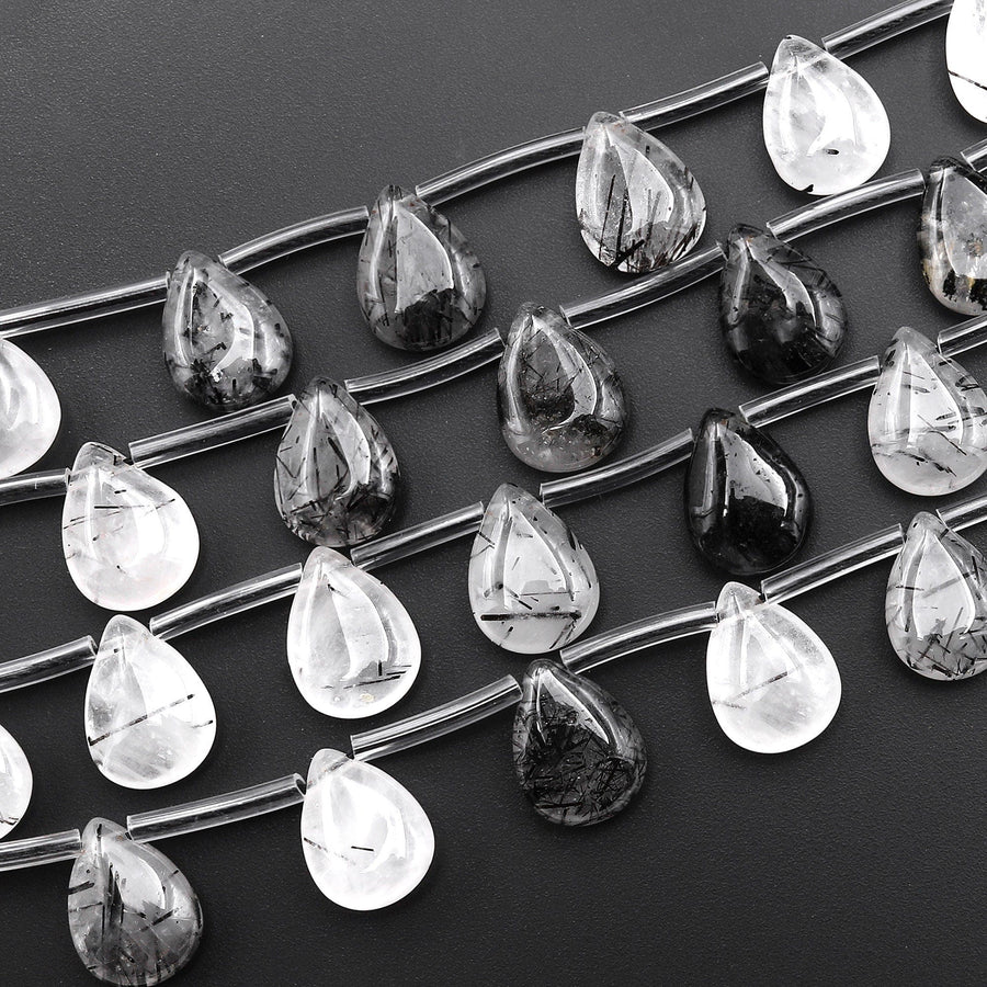 Natural Black Tourmaline Rutile Quartz Smooth Teardrop Beads Good for Earrings 15.5" Strand