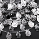 Natural Black Tourmaline Rutile Quartz Smooth Teardrop Beads Good for Earrings 15.5" Strand
