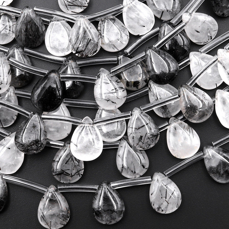Natural Black Tourmaline Rutile Quartz Smooth Teardrop Beads Good for Earrings 15.5" Strand
