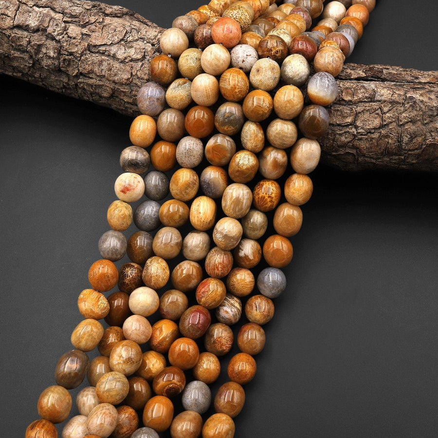 Natural Golden Brown Gray Fossil Coral Beads Freeform Pebble Nuggets 15.5" Strand