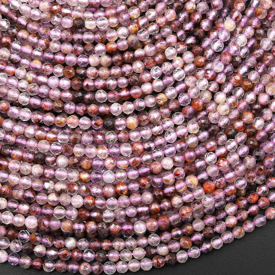 Super 7 Crystal Element Natural Phantom Amethyst Cacoxenite 2mm Round Beads 15.5" Strand