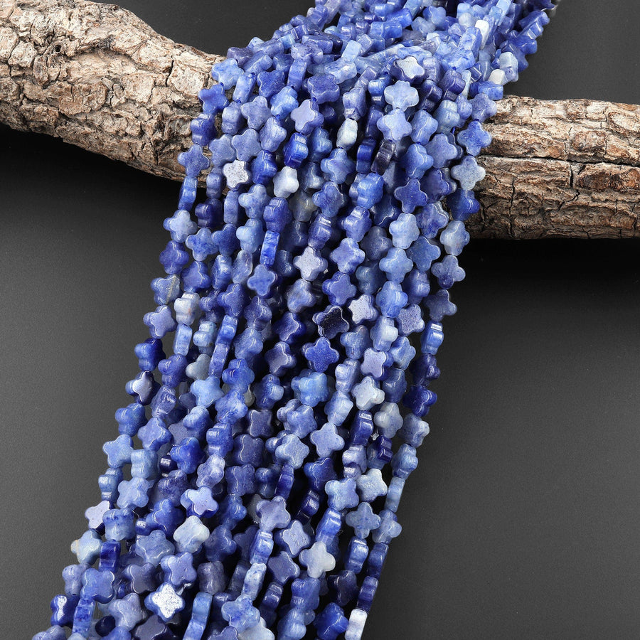 4 Four Leaf Clover Beads Natural Blue Aventurine 8mm Hand Carved Flower Gemstone 15.5" Strand